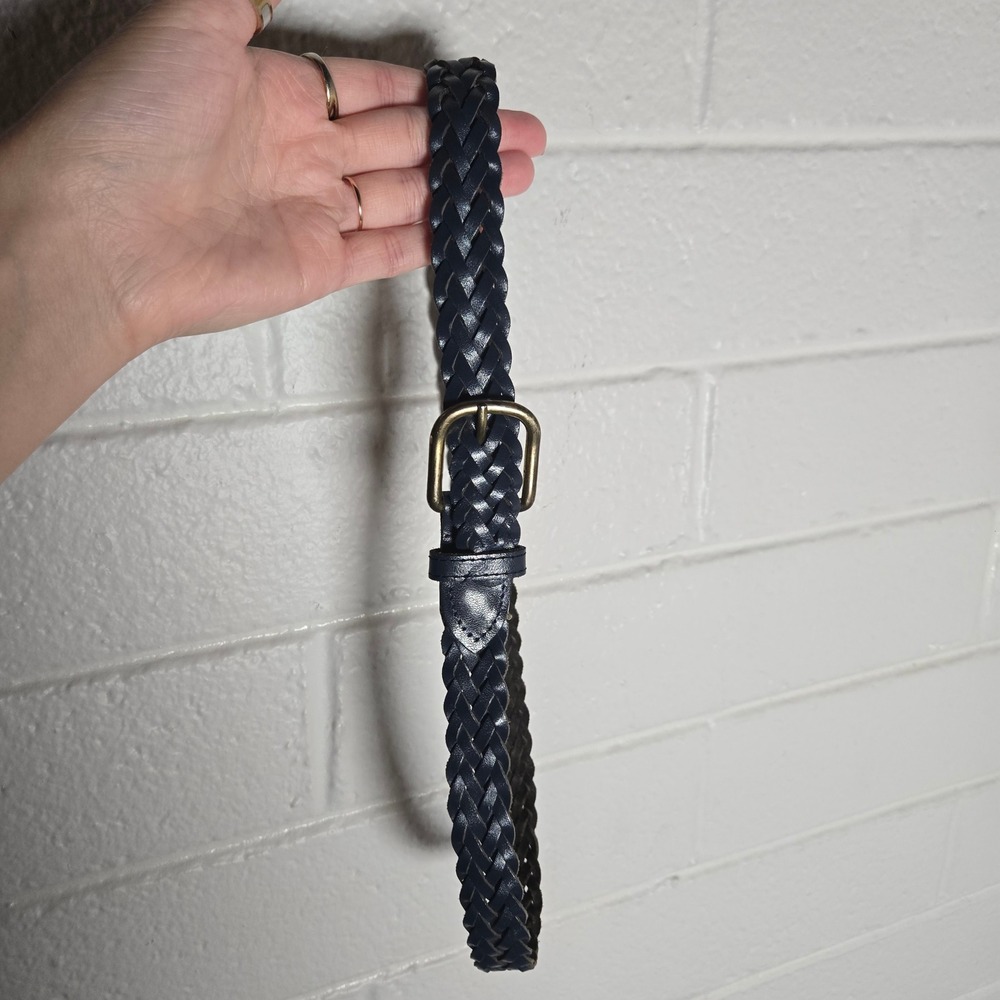 Vtg Boho Womens Belt Navy Blue Braided Leather Brass Buckle Classic Office S